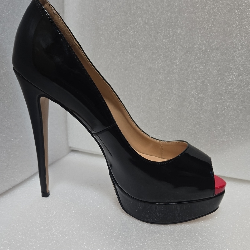 Marumote 6" SHINEY BLACK STILETTOS W/ RED PEEP VALENTINE'S  DIVA 9.5 - Picture 9 of 17